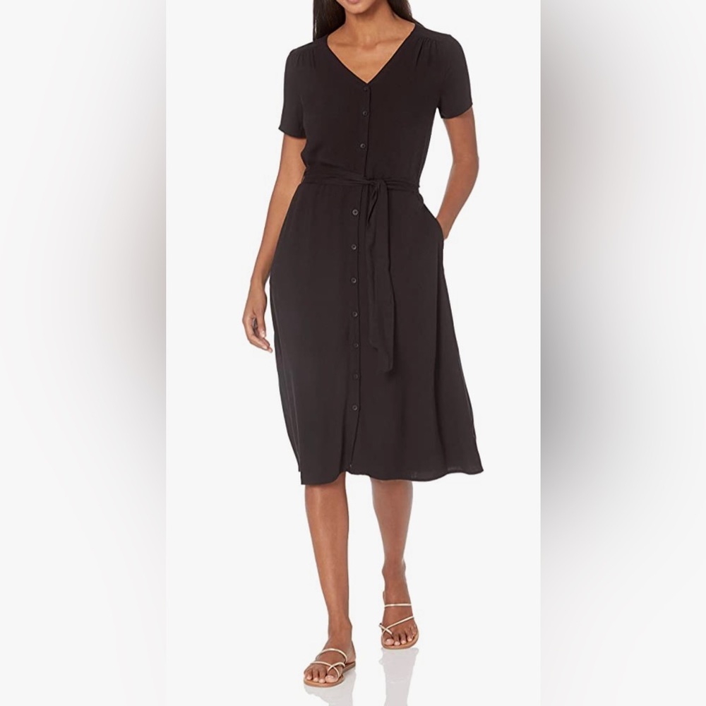 Amazon Essentials Women's Short-Sleeve Midi Button Front Tie Dress
